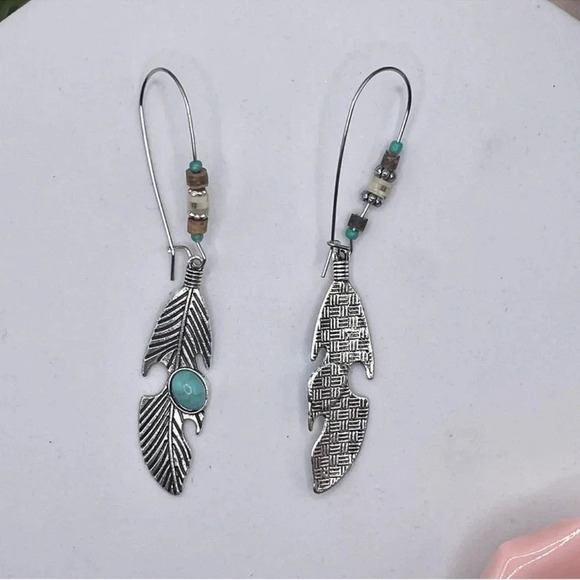 1 LEFT! Silver Beaded Bohemian Turquoise Feather Earrings - Picture 2 of 4